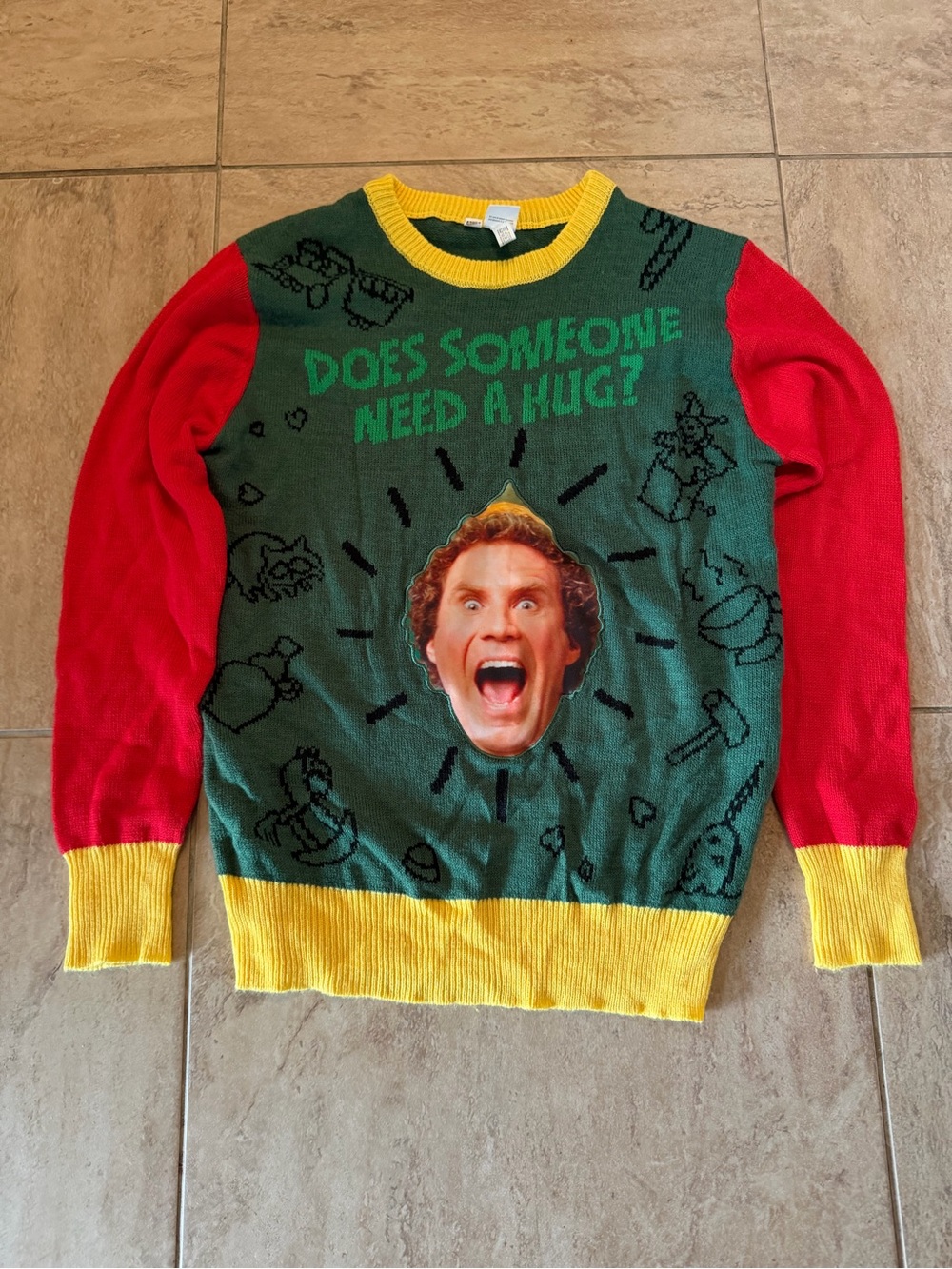 ELF Men's Novelty Crewneck Sweater in Green, Red & Yellow